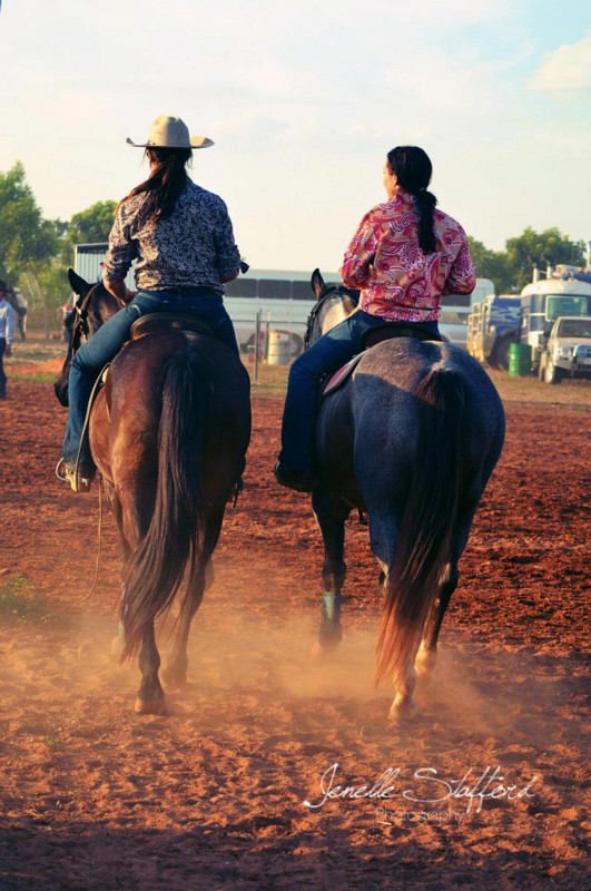 Riding home at the end of a long day of competition; Kelsey Stevenson and Liana Quirk at Nixons Crossing Campdraft.